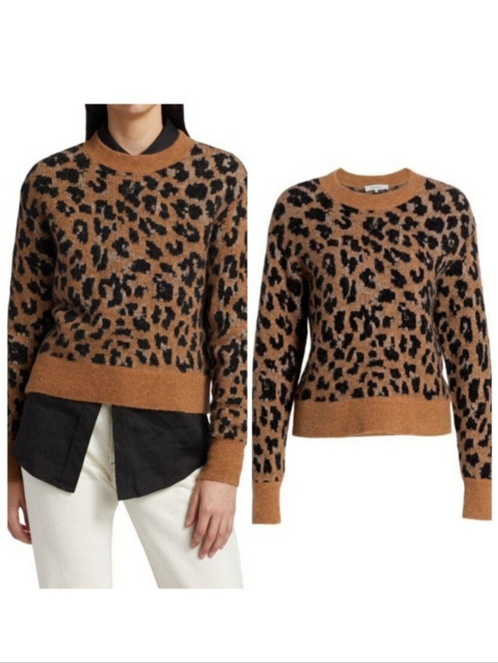 FRAME Cheetah Print Sweater XS Brown Black Alpaca Wool Blend Jacquard Knit